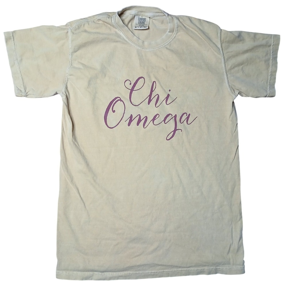 Comfort Colors T-Shirt Women Small Ivory Chi Omega Sorority Graphic Tee Mu Zeta